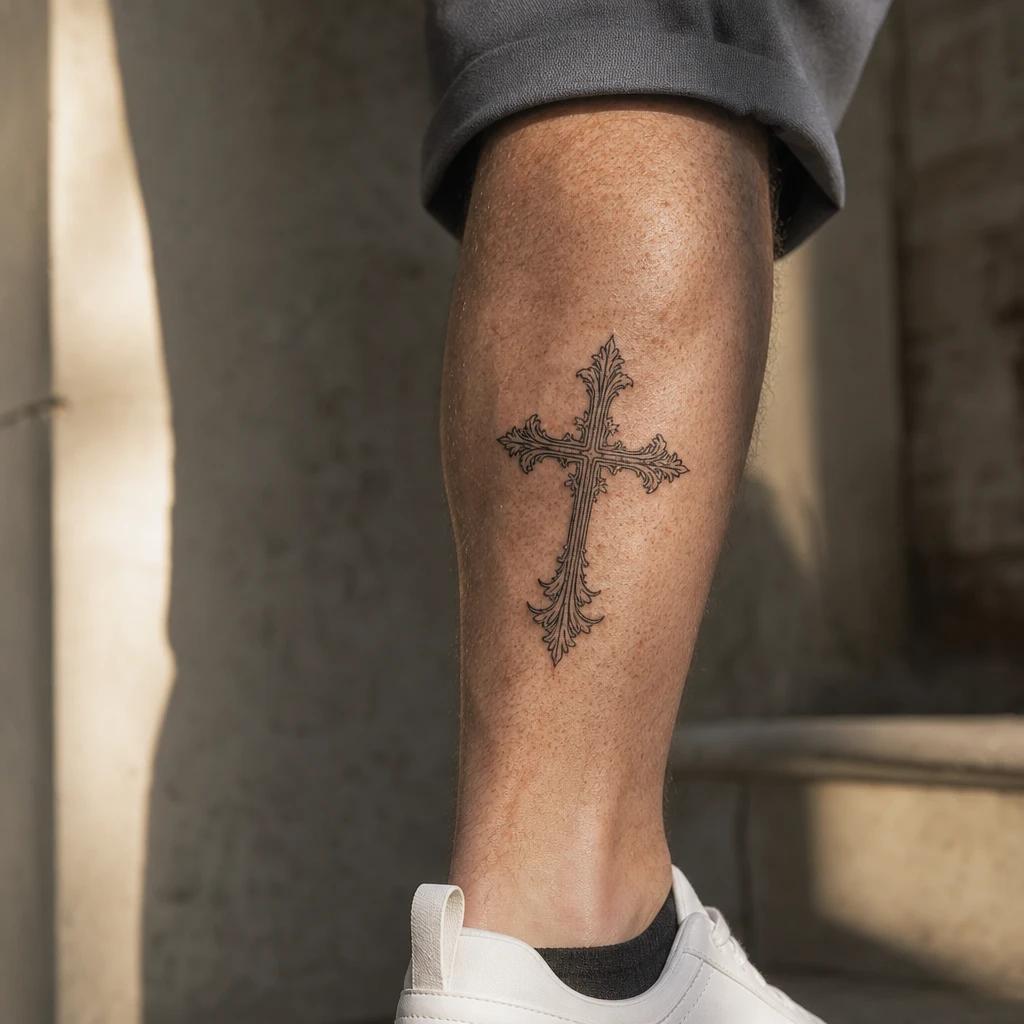 idée tatouage mollet homme croix religieuse, photo réaliste sur peau