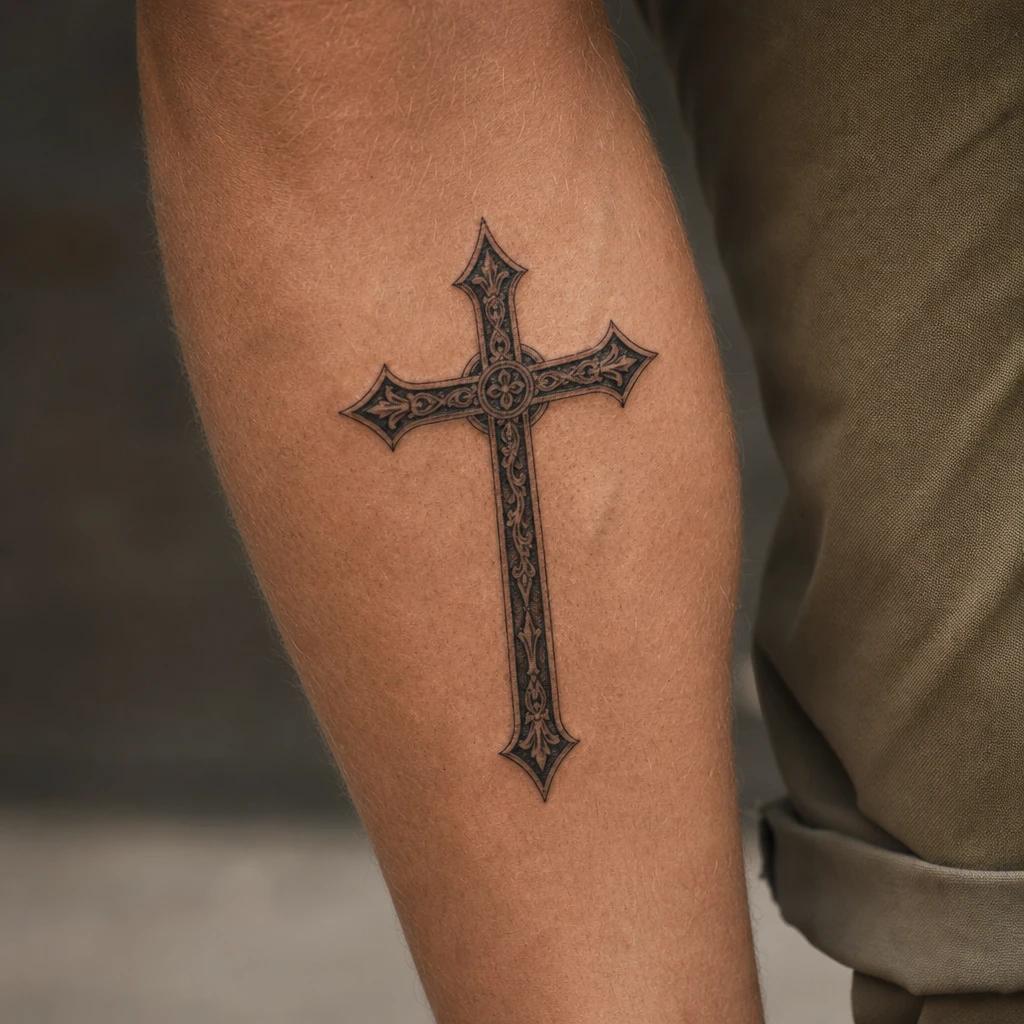 idée tatouage mollet homme croix religieuse, photo réaliste sur peau