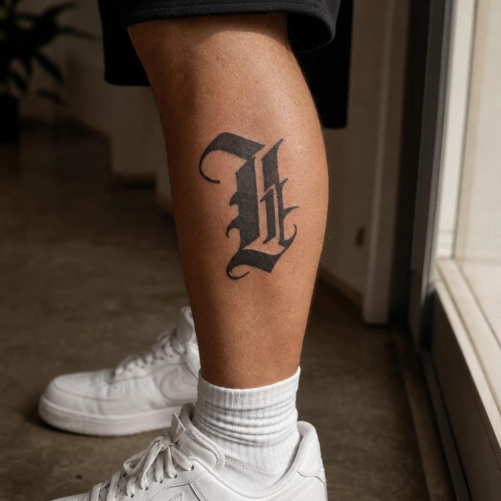 idée tatouage mollet homme lettrage gothique, photo réaliste sur peau