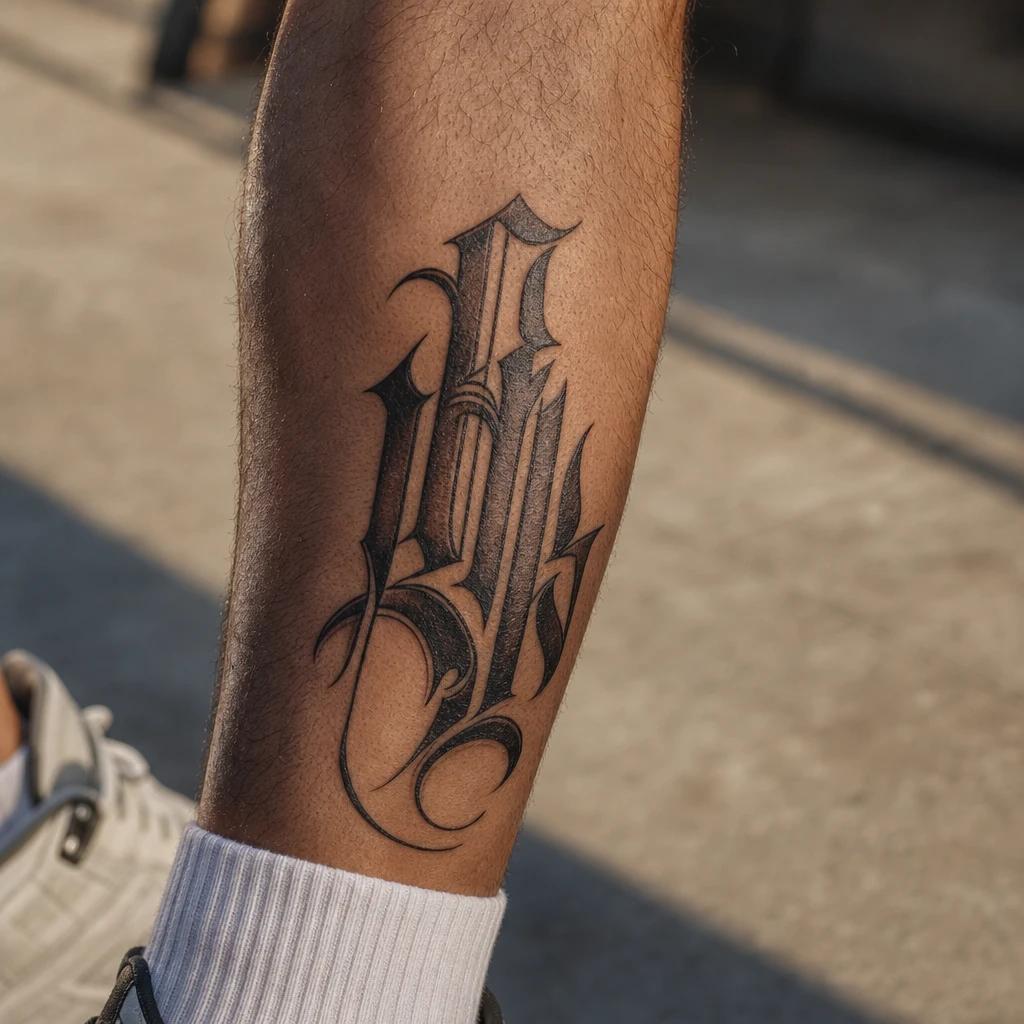 idée tatouage mollet homme lettrage gothique, photo réaliste sur peau