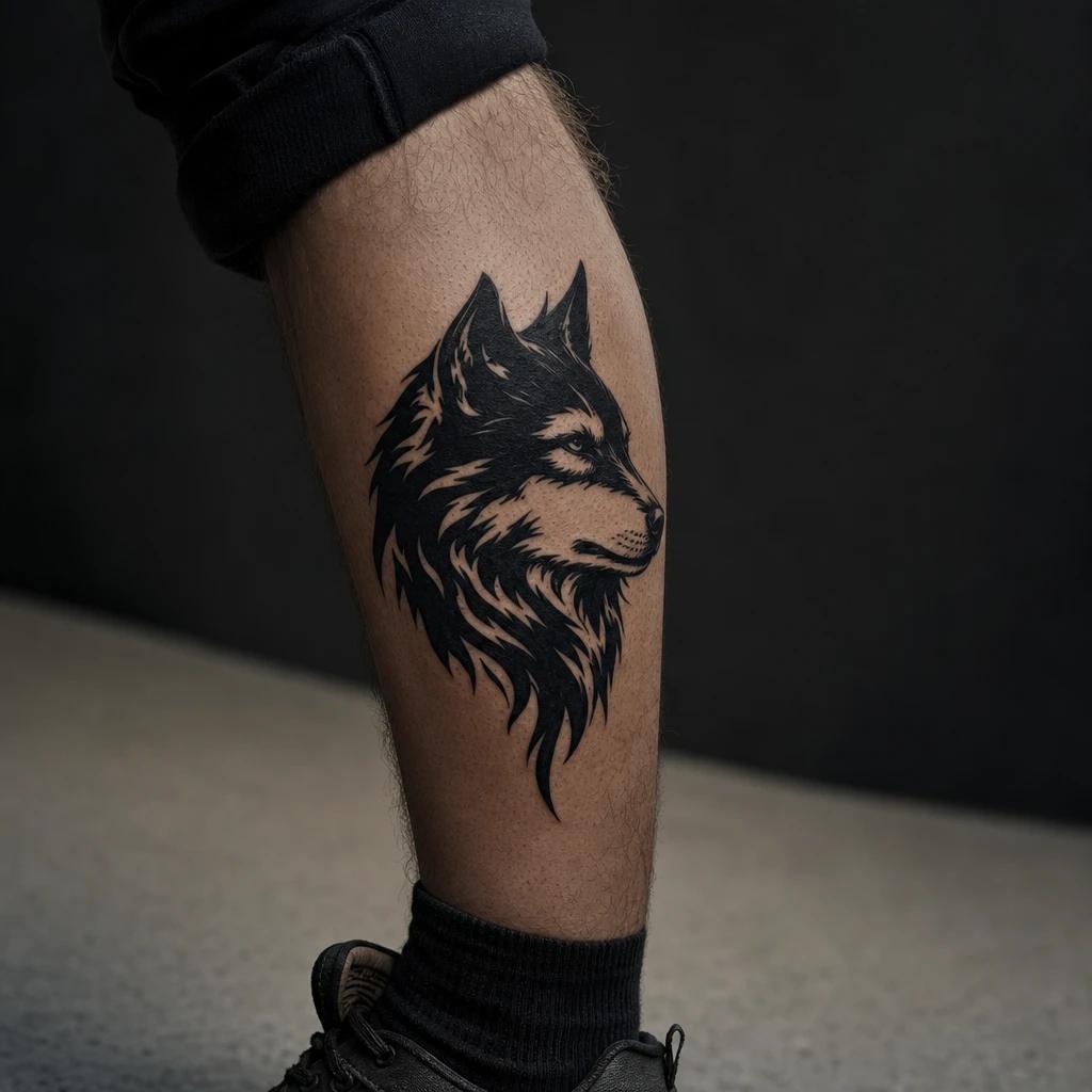 idée tatouage mollet homme loup blackwork, photo réaliste sur peau