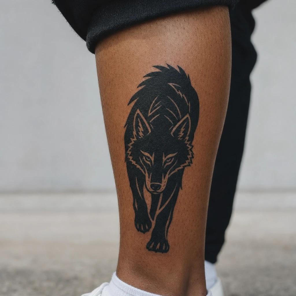 idée tatouage mollet homme loup blackwork, photo réaliste sur peau