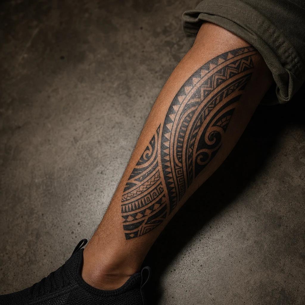 idée tatouage mollet homme tribal polynésien, photo réaliste sur peau