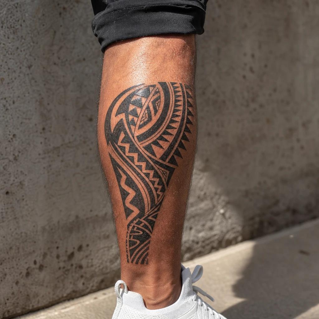 idée tatouage mollet homme tribal polynésien, photo réaliste sur peau