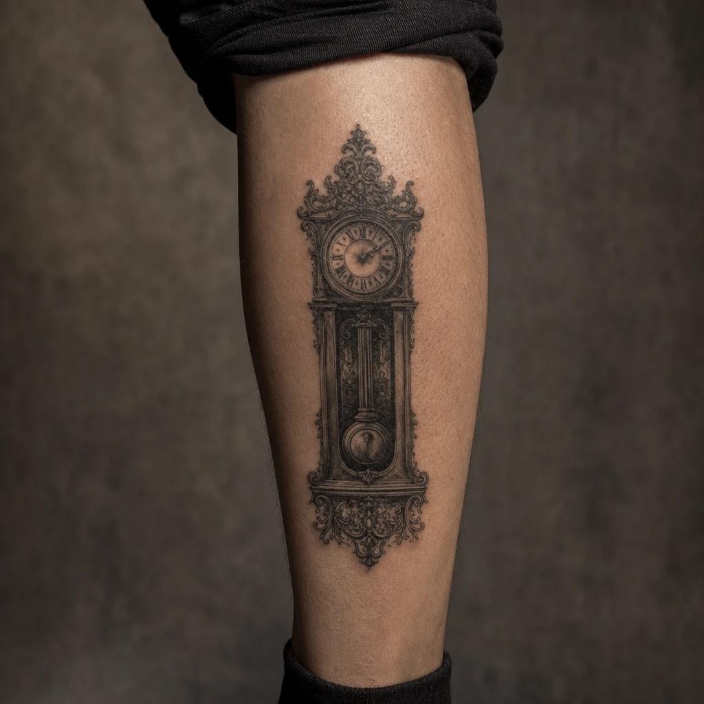 idée tatouage mollet homme horloge réaliste, photo réaliste sur peau