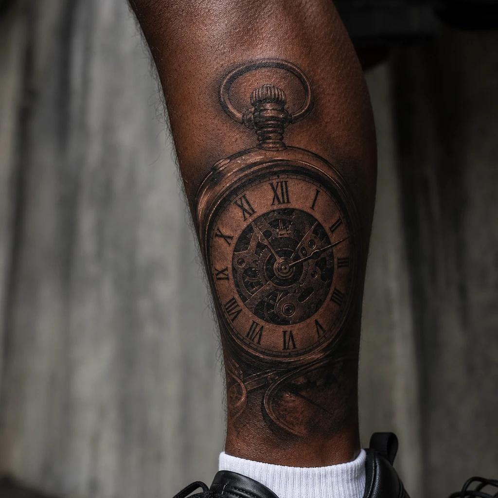 idée tatouage mollet homme horloge réaliste, photo réaliste sur peau