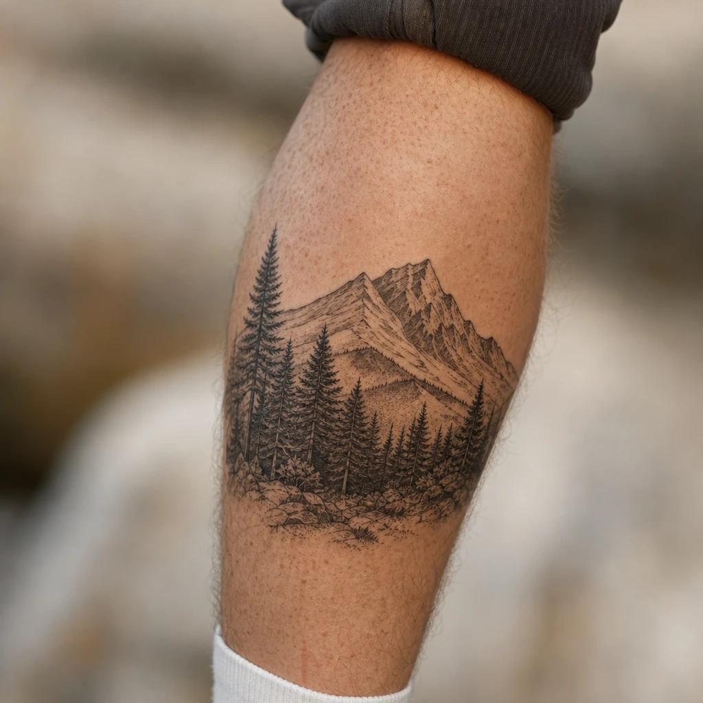 idée tatouage mollet homme montagne et forêt, photo réaliste sur peau