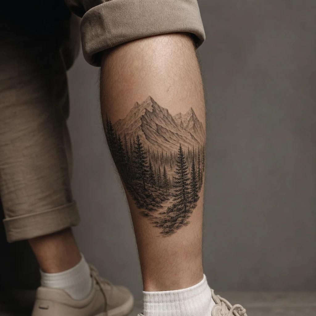 idée tatouage mollet homme montagne et forêt, photo réaliste sur peau