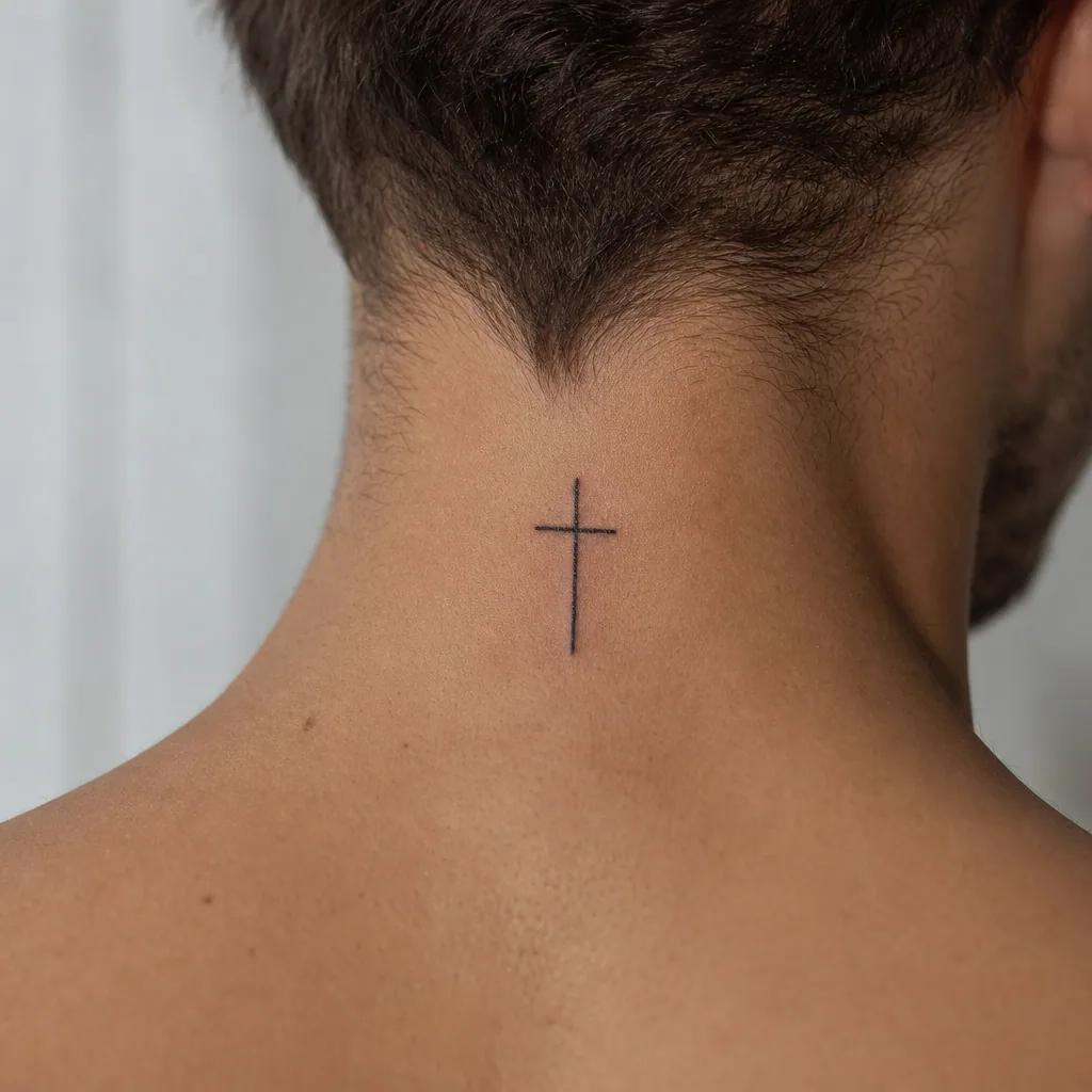 idée tatouage nuque croix minimaliste, photo réaliste sur peau