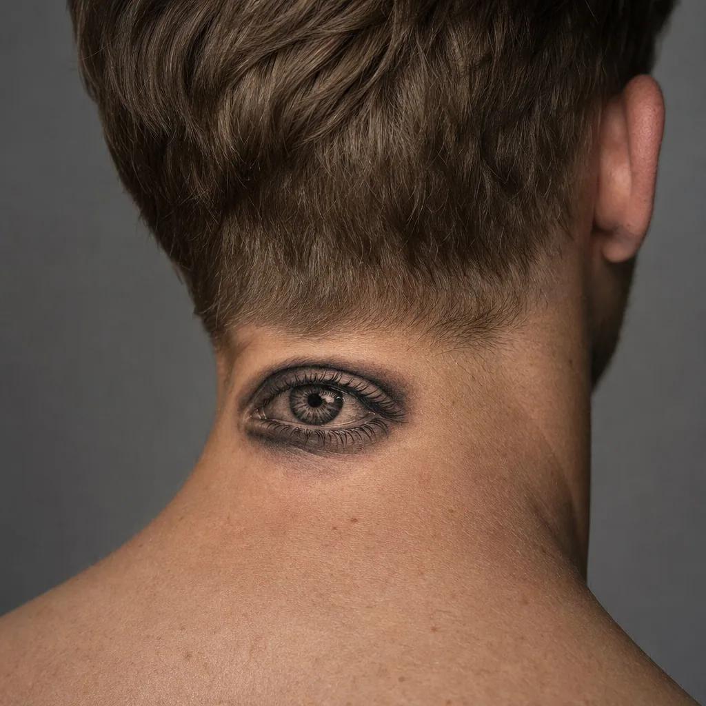 idée tatouage nuque œil micro-réaliste, photo réaliste sur peau