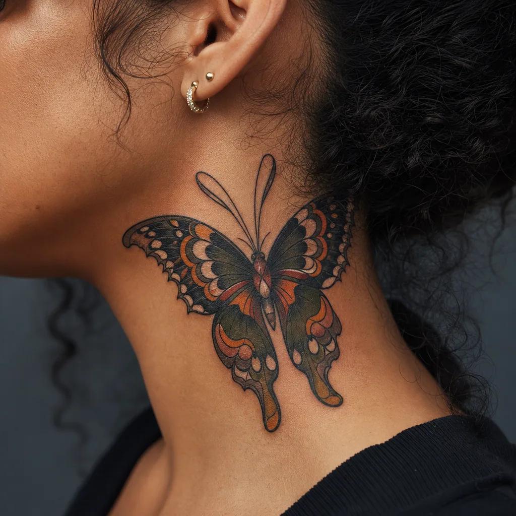 idée tatouage nuque papillon néo-traditionnel, photo réaliste sur peau