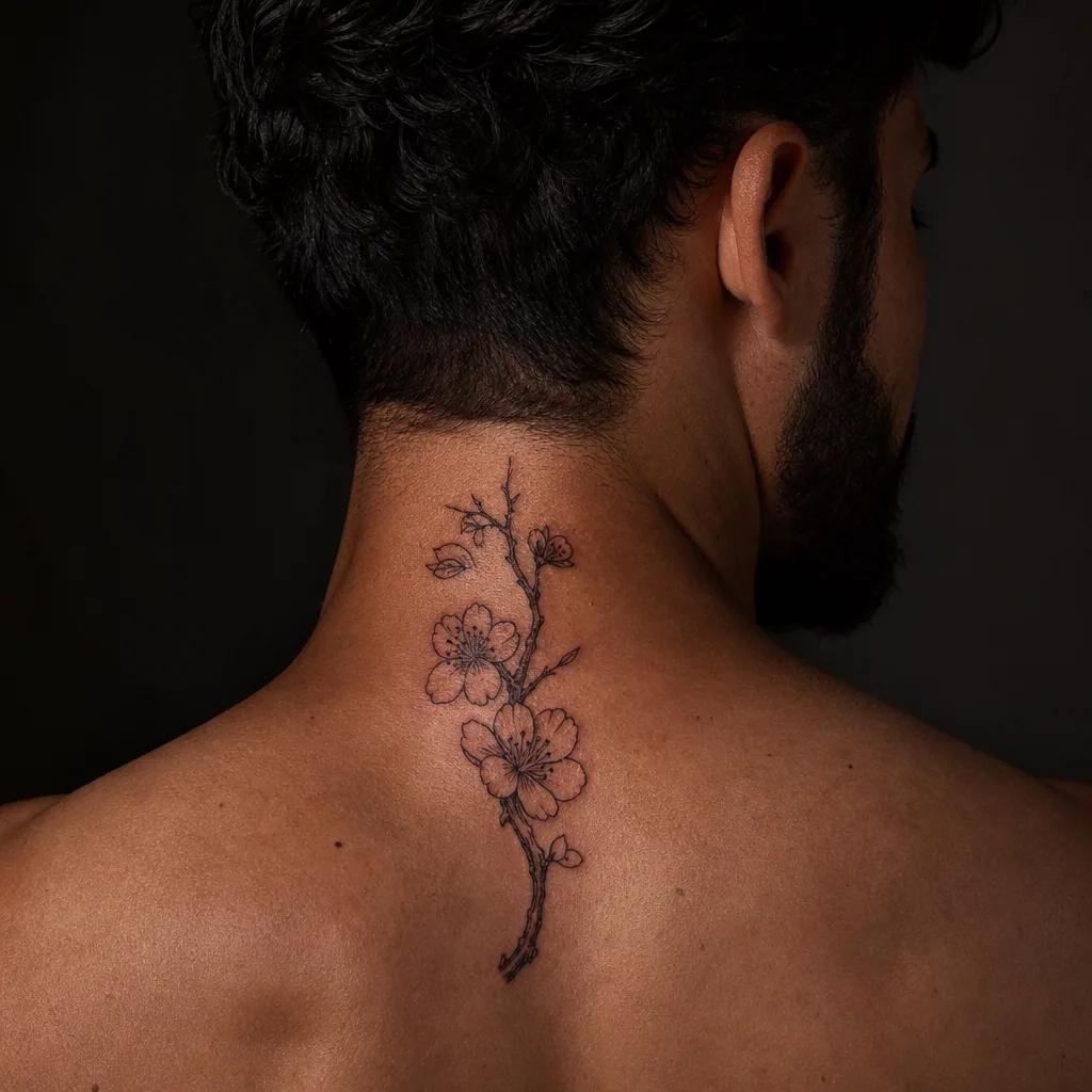idée tatouage nuque fleur de cerisier japonaise, photo réaliste sur peau