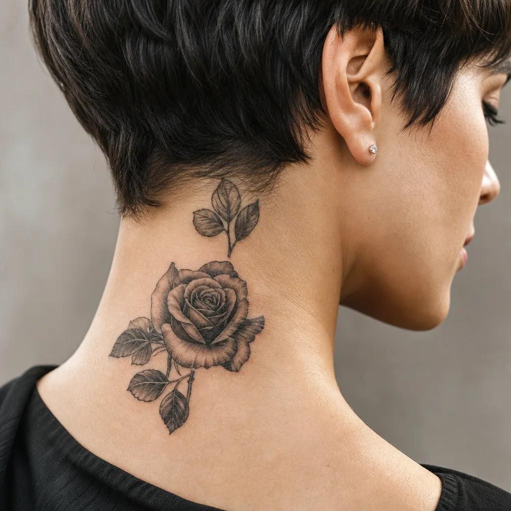idée tatouage nuque rose réaliste, photo réaliste sur peau