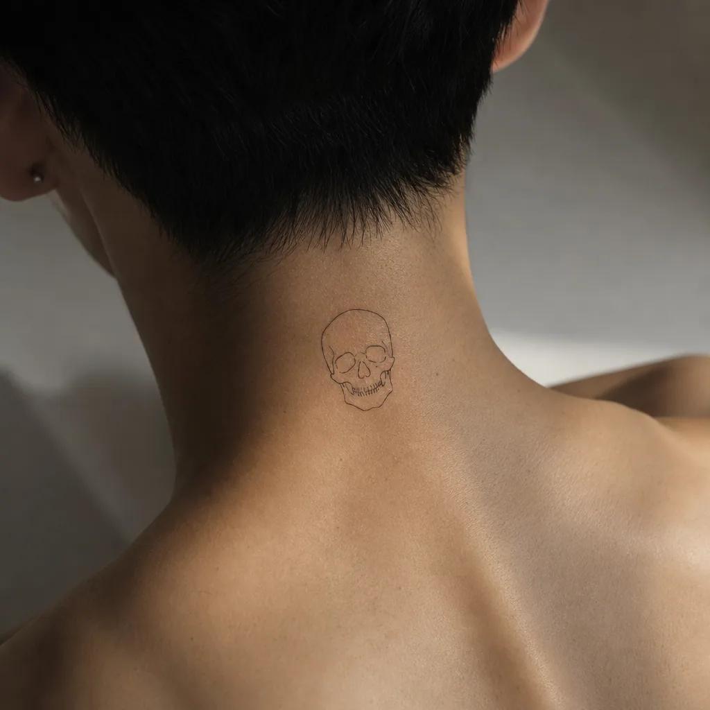idée tatouage nuque crâne minimaliste, photo réaliste sur peau