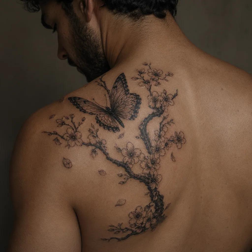 idée tatouage papillon papillon japonais cerisier, photo réaliste sur peau