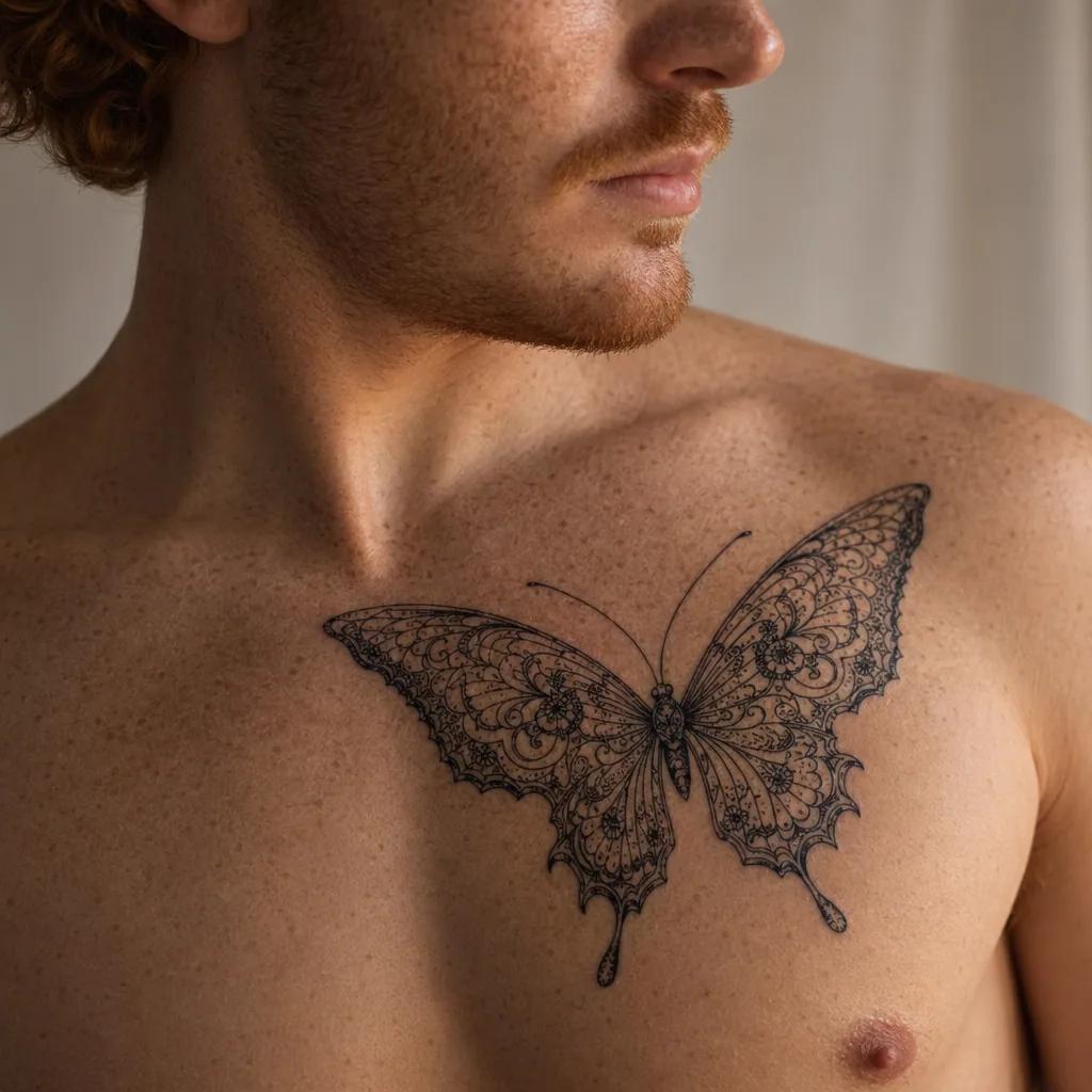 idée tatouage papillon papillon dentelle ornementale, photo réaliste sur peau