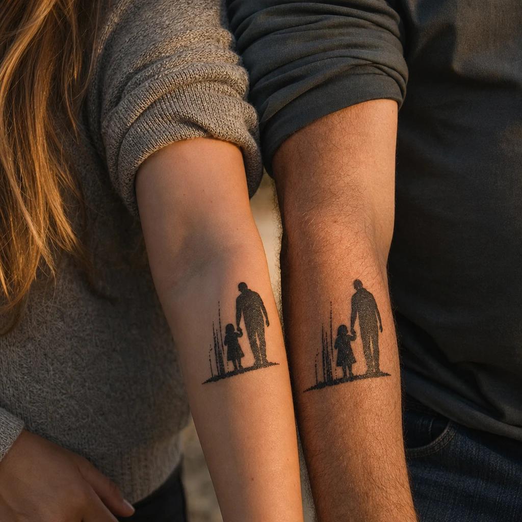 idée tatouage père et fille père enfant blackwork, photo réaliste sur peau