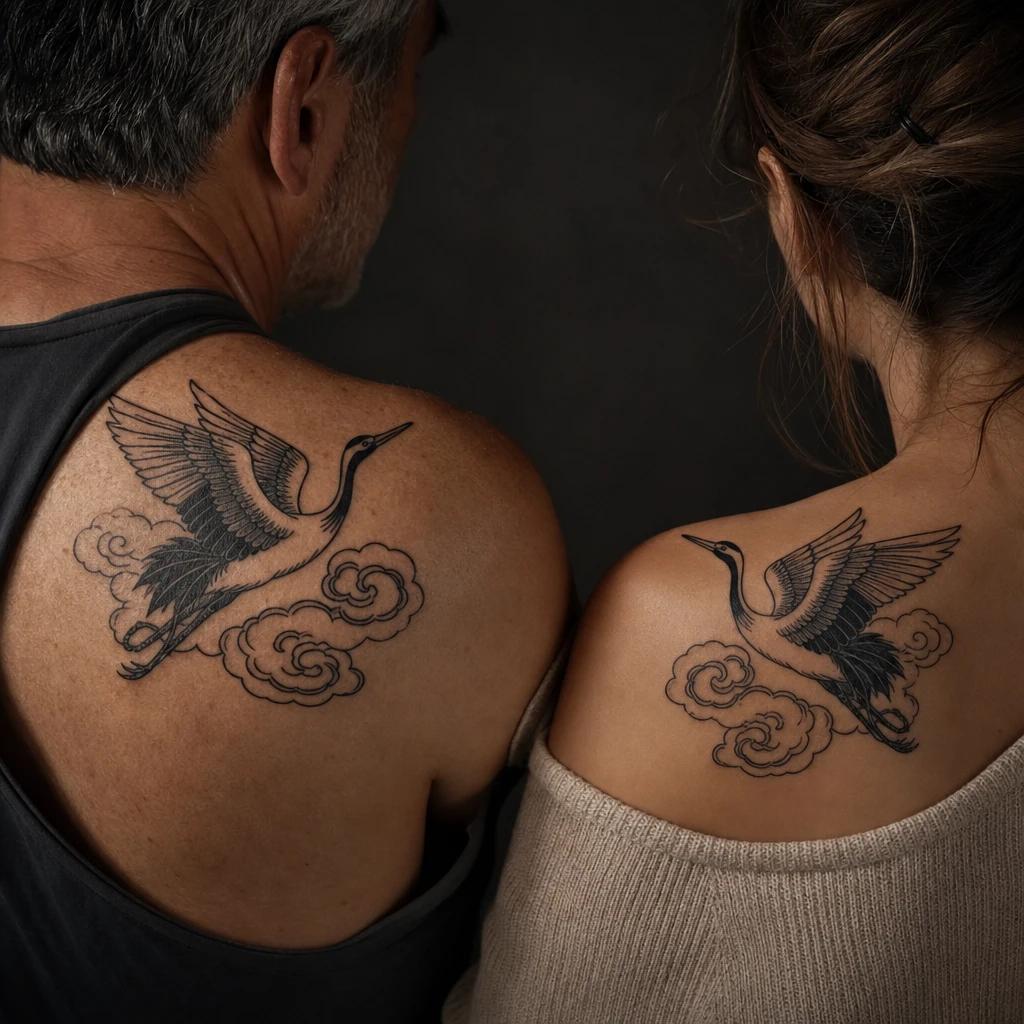idée tatouage père et fille grue japonaise père enfant, photo réaliste sur peau