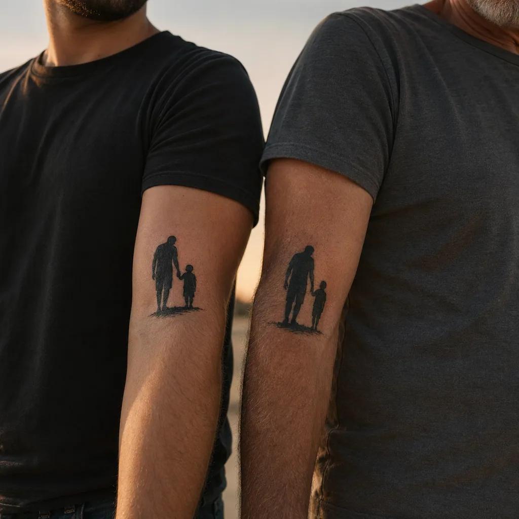 idée tatouage père et fils père-fils blackwork silhouette, photo réaliste sur peau