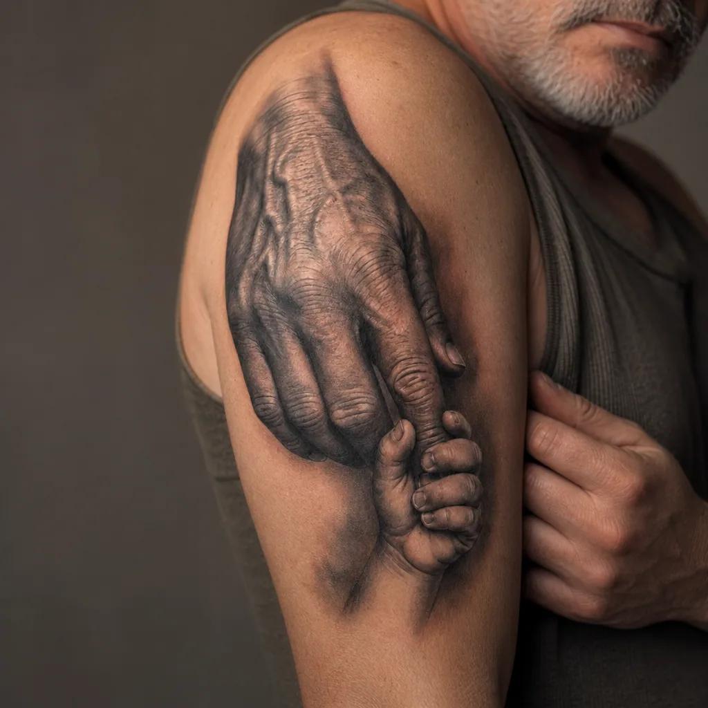 idée tatouage père et fils mains réalistes père-enfant, photo réaliste sur peau