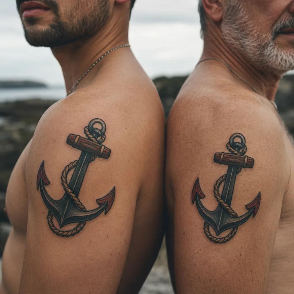 idée tatouage père et fils ancres 'mon fils' néo-traditionnel, photo réaliste sur peau