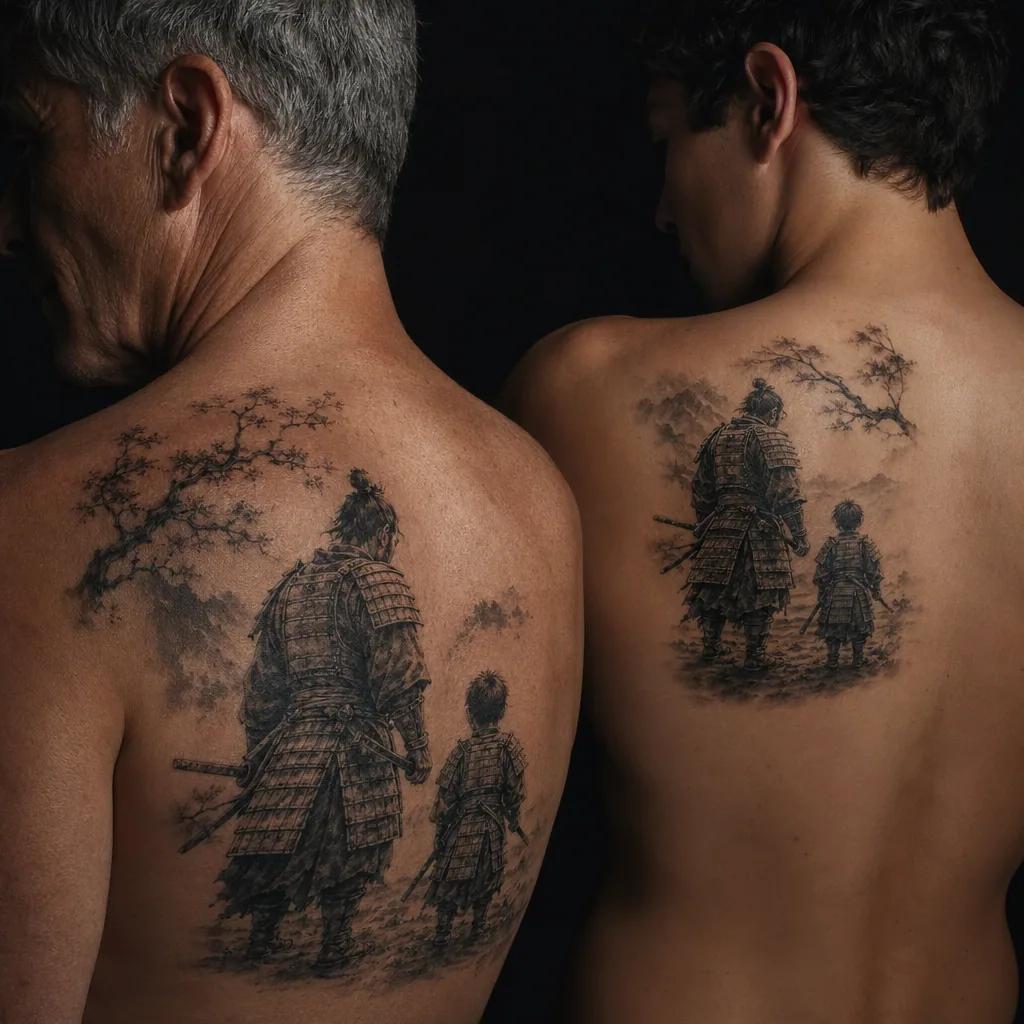 idée tatouage père et fils samouraïs japonais, photo réaliste sur peau