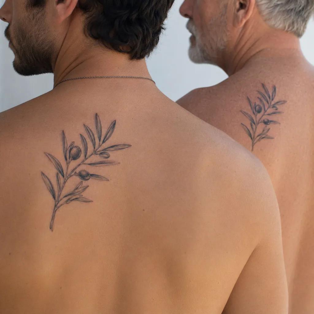 idée tatouage père et fils branche olivier père-fils, photo réaliste sur peau