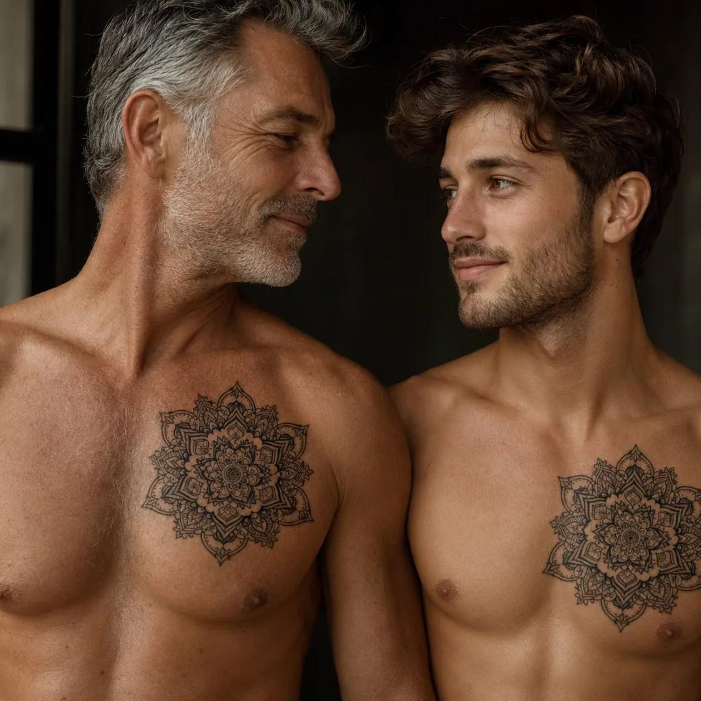 idée tatouage père et fils mandala p et f ornemental, photo réaliste sur peau