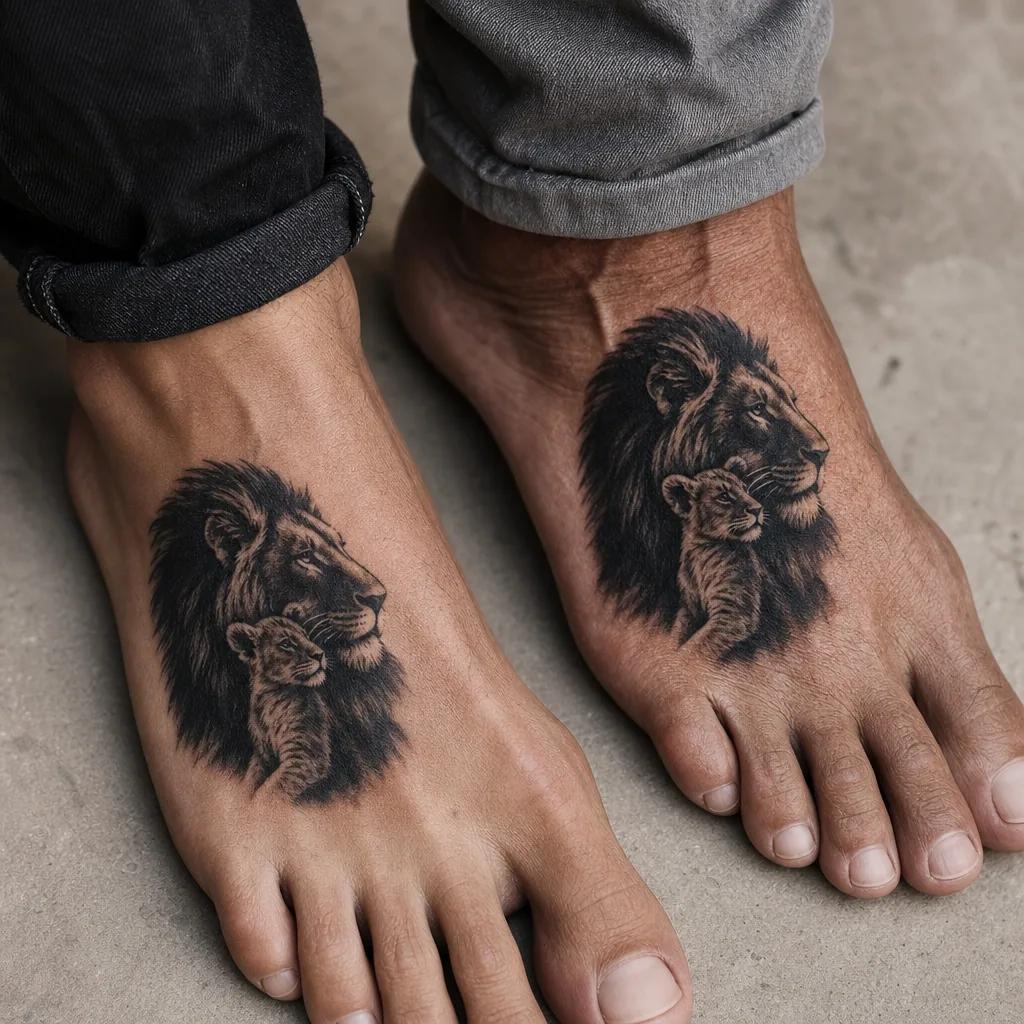 idée tatouage père et fils lion et lionceau blackwork, photo réaliste sur peau