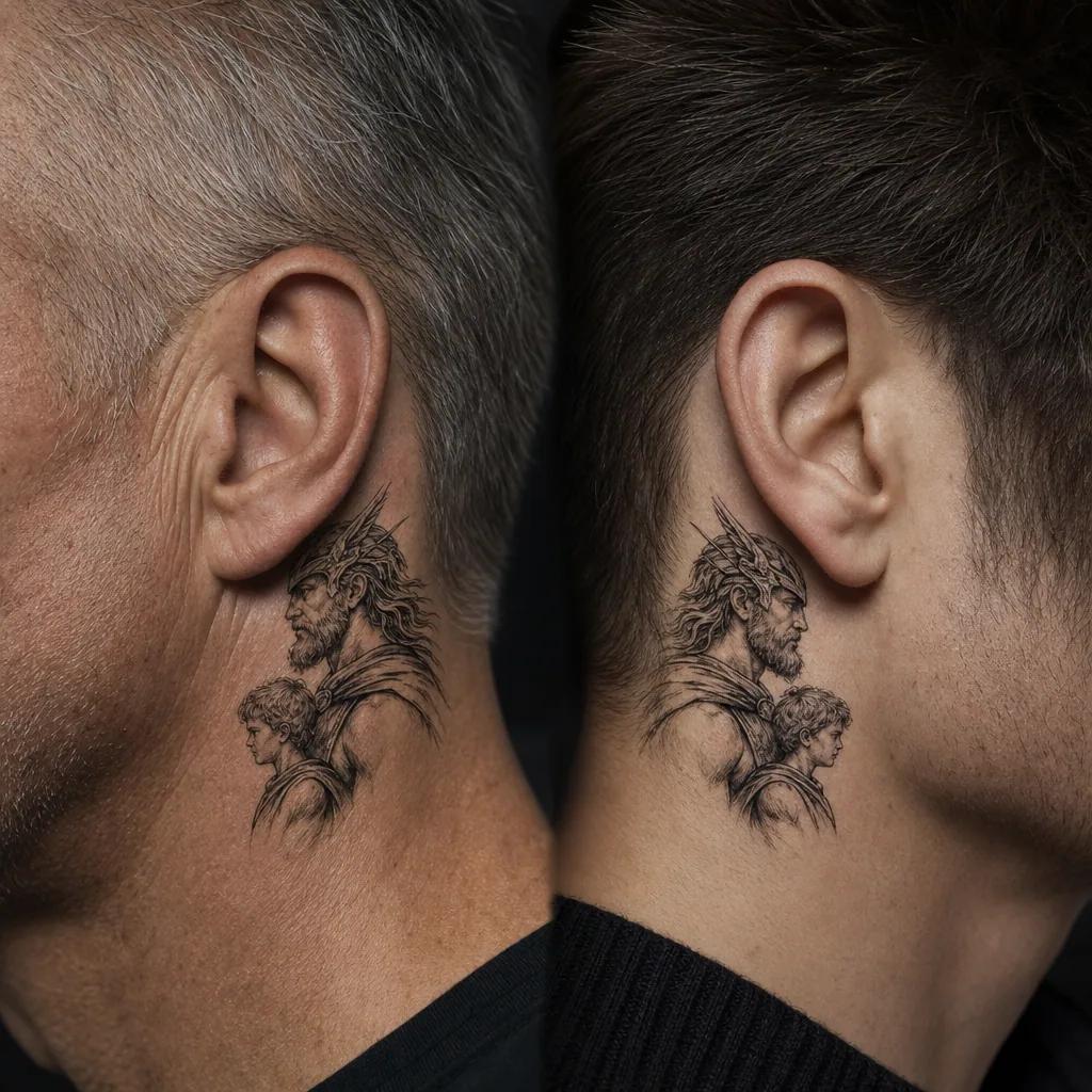 idée tatouage père et fils thor et son fils mythologique, photo réaliste sur peau