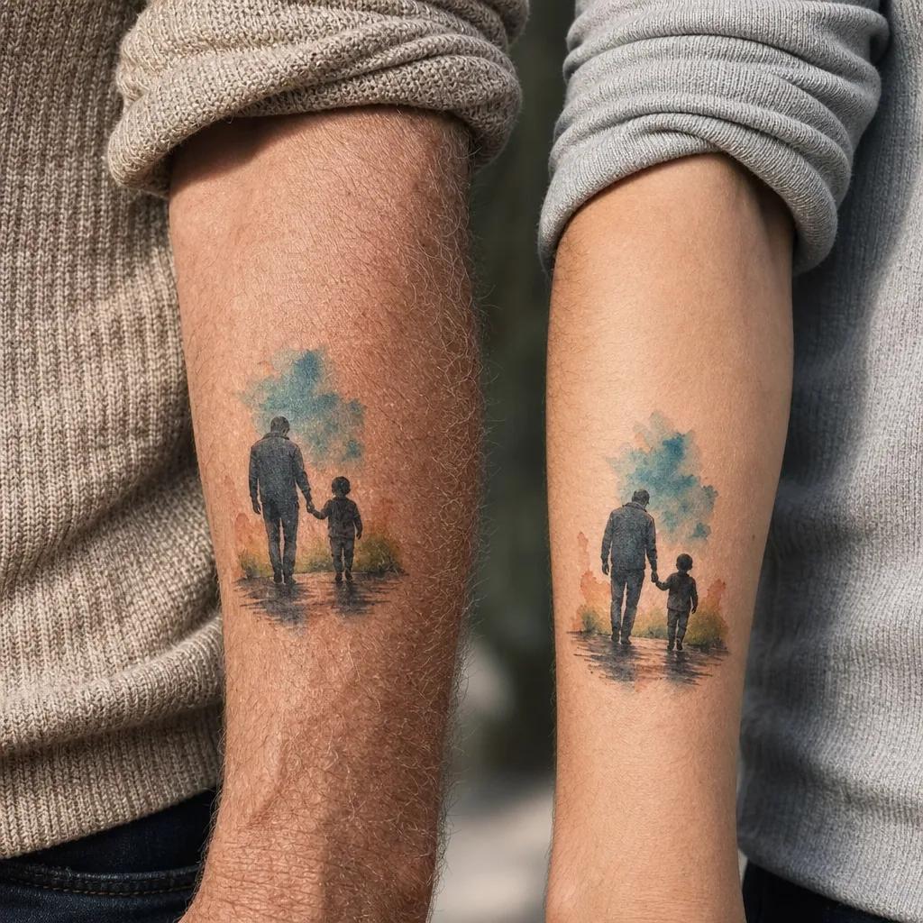 idée tatouage père et fils aquarelle père-fils, photo réaliste sur peau