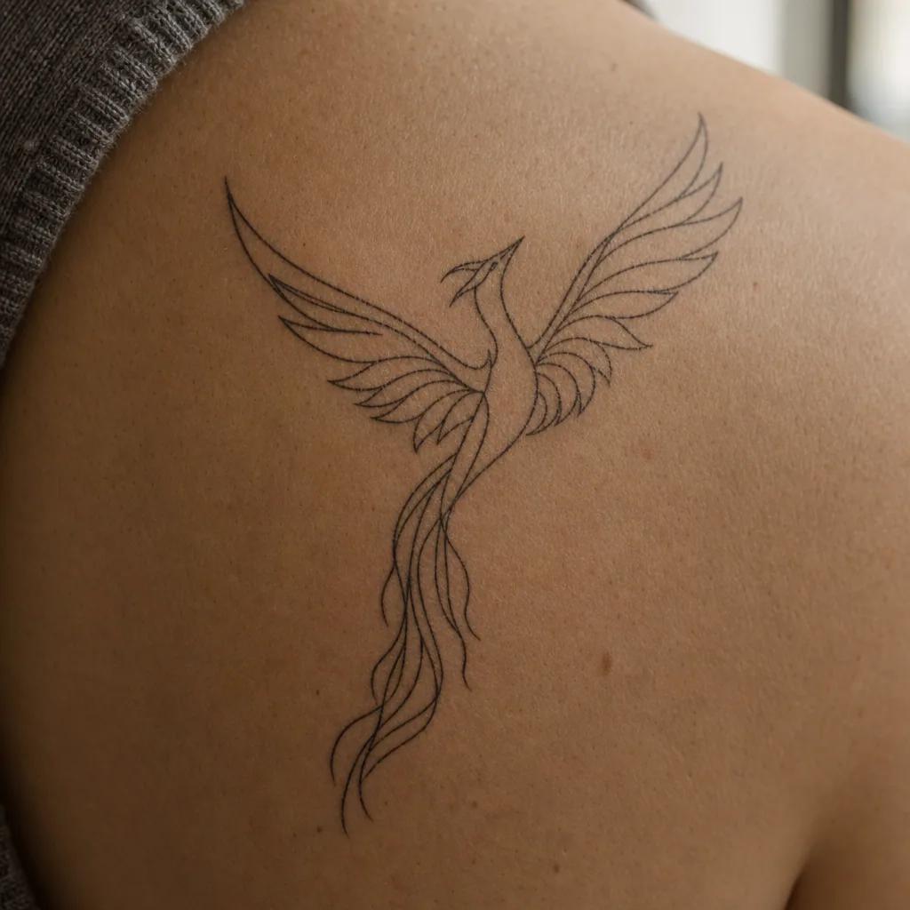 idée tatouage phoenix phenix single-line minimaliste, photo réaliste sur peau