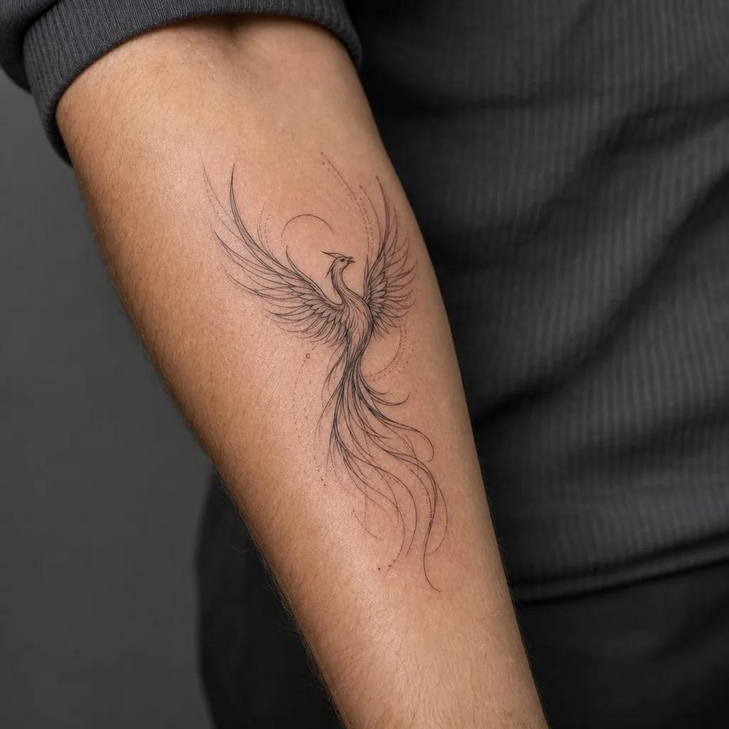 idée tatouage phoenix phenix fine line ascendant, photo réaliste sur peau