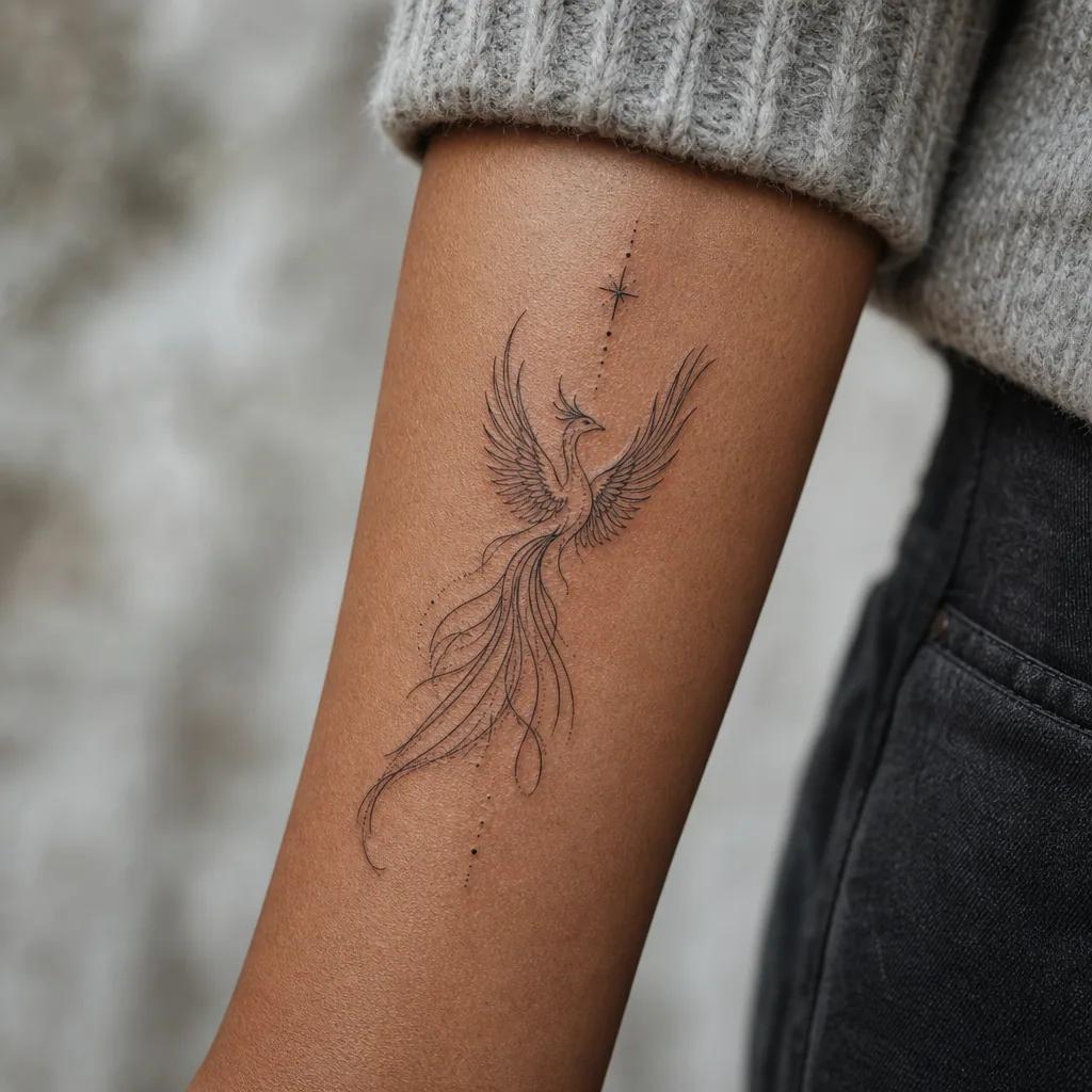 idée tatouage phoenix phenix fine line ascendant, photo réaliste sur peau