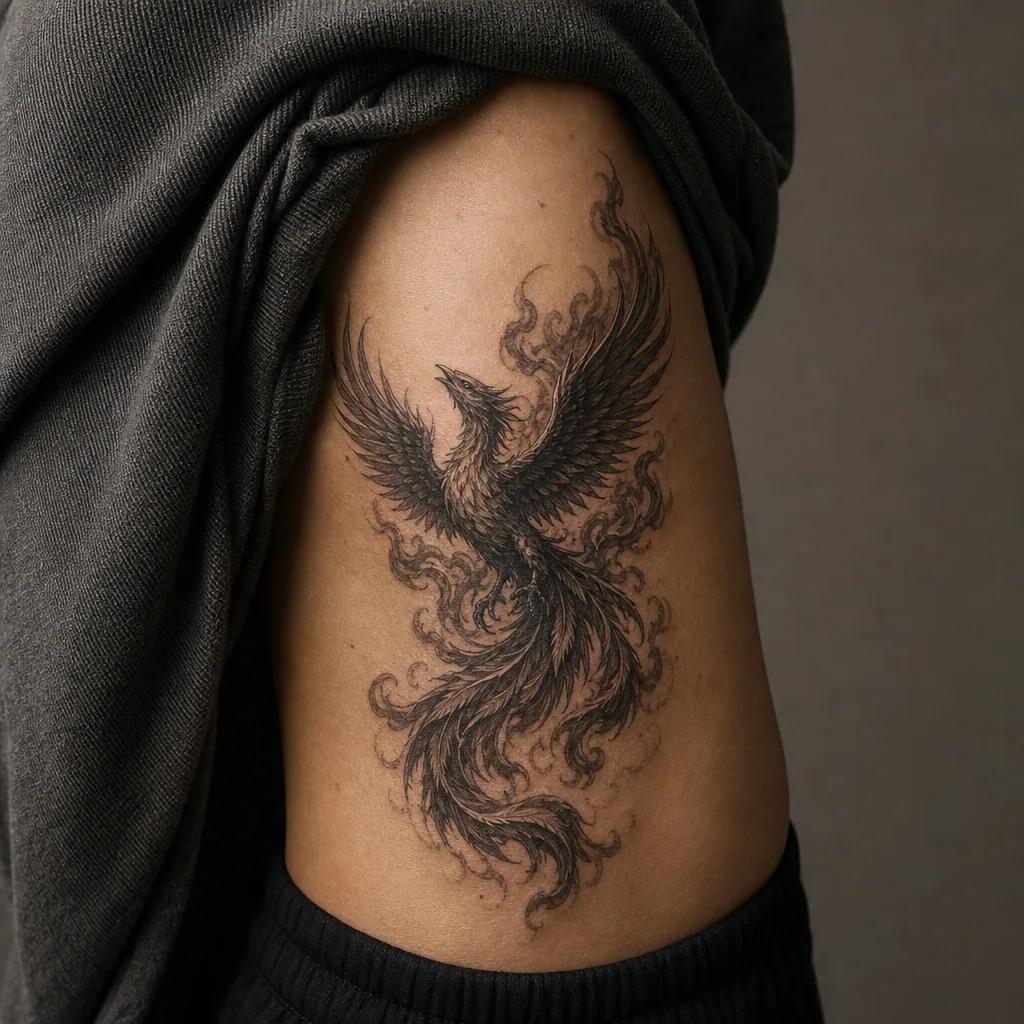 idée tatouage phoenix phenix réaliste flammes, photo réaliste sur peau