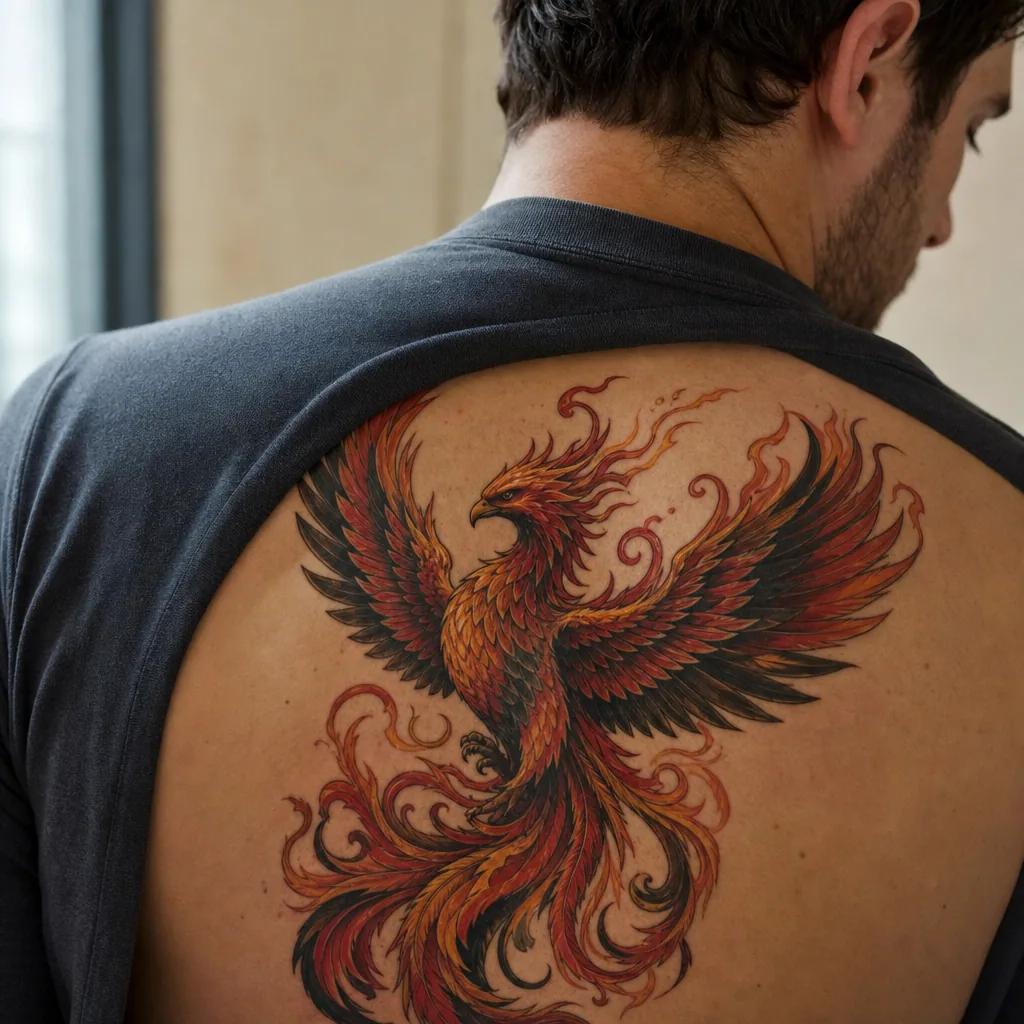 idée tatouage phoenix phenix néo-traditionnel flammes, photo réaliste sur peau