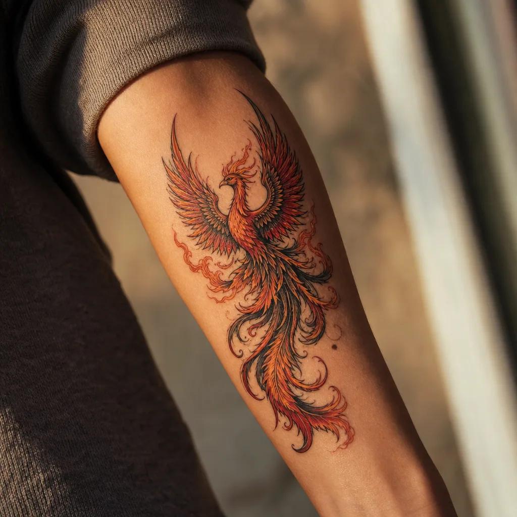 idée tatouage phoenix phenix néo-traditionnel flammes, photo réaliste sur peau