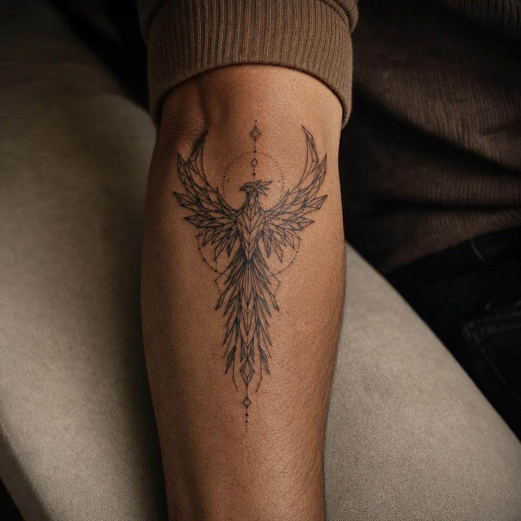 idée tatouage phoenix phenix géométrique facette, photo réaliste sur peau