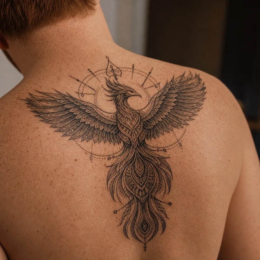 idée tatouage phoenix mandala phenix ornemental, photo réaliste sur peau
