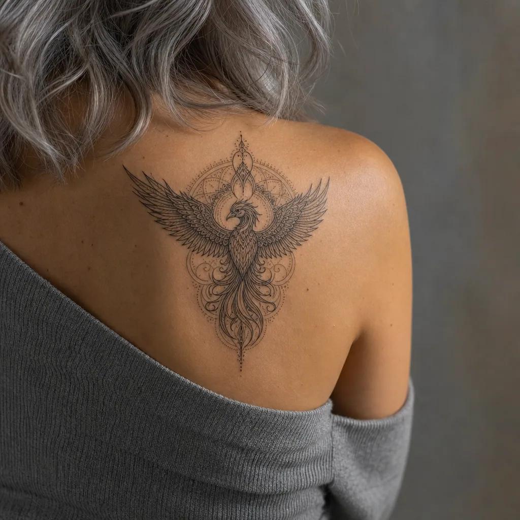 idée tatouage phoenix mandala phenix ornemental, photo réaliste sur peau
