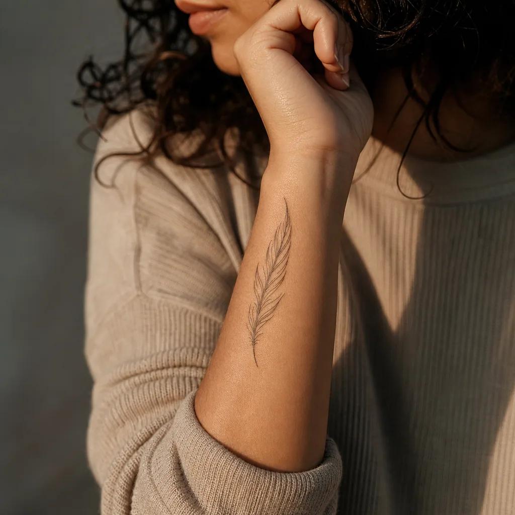 idée tatouage plume plume single-line minimaliste, photo réaliste sur peau