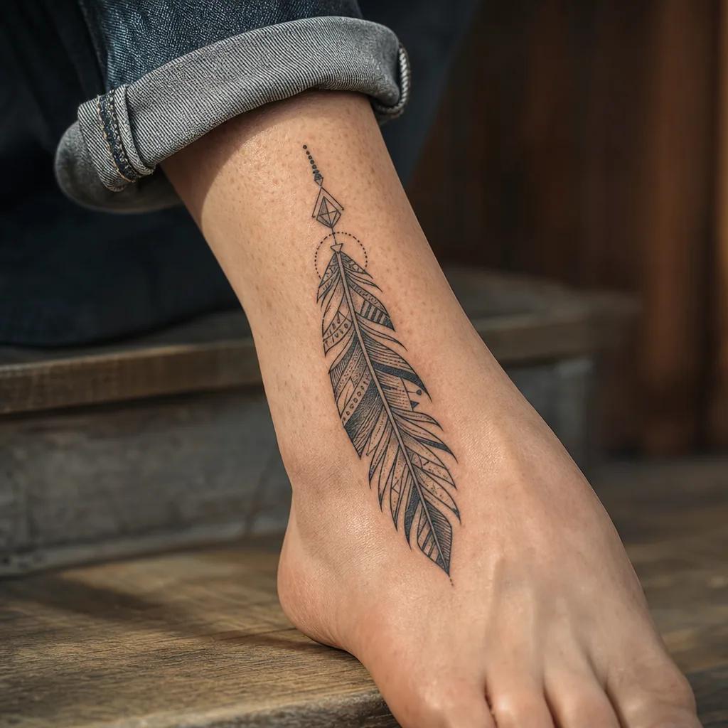 idée tatouage plume plume géométrique structurée, photo réaliste sur peau