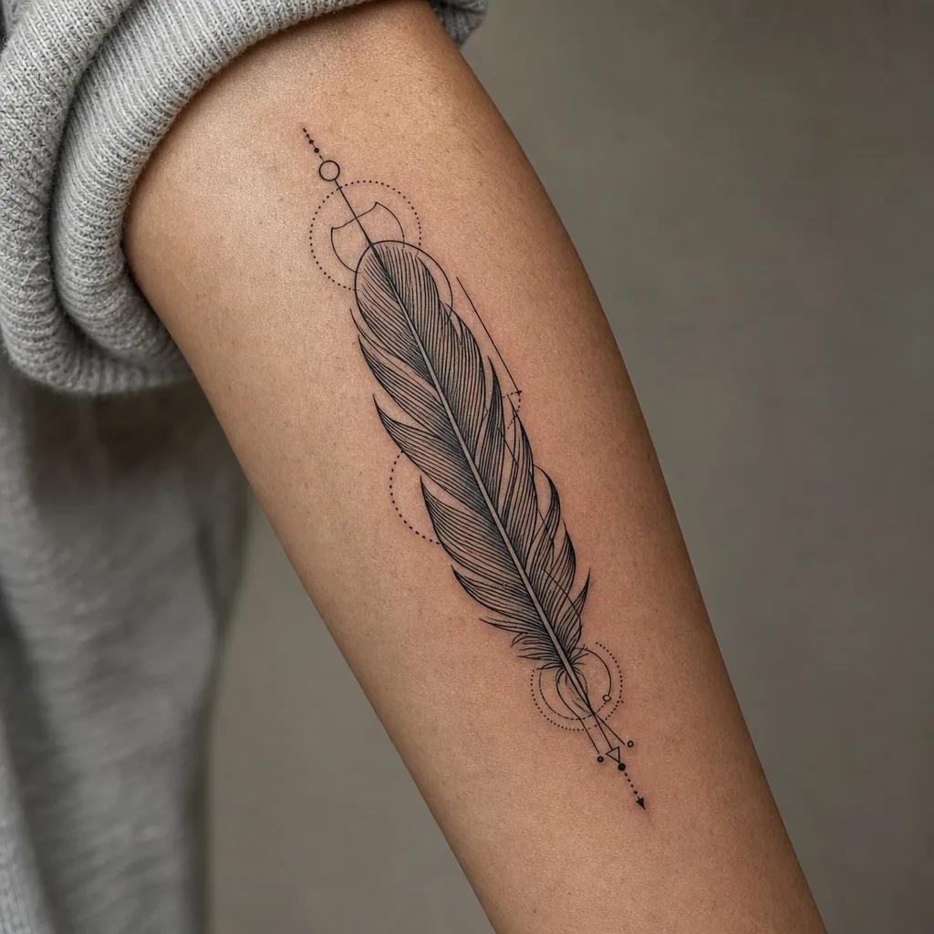 idée tatouage plume plume géométrique structurée, photo réaliste sur peau