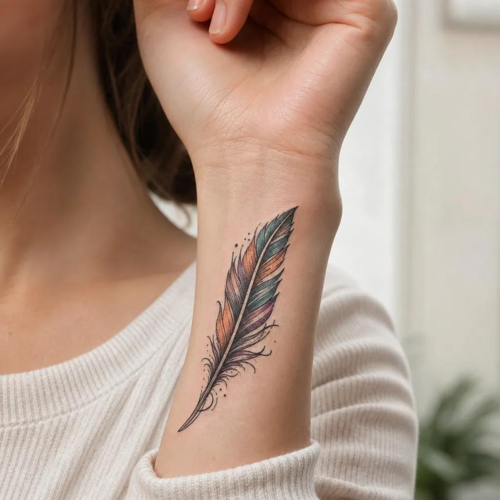 idée tatouage plume plume néo-traditionnel colorée, photo réaliste sur peau