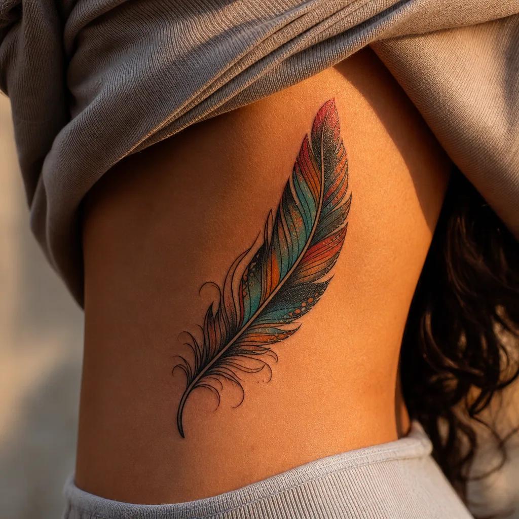 idée tatouage plume plume néo-traditionnel colorée, photo réaliste sur peau