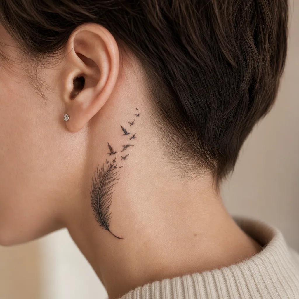 idée tatouage plume plume oiseaux envol, photo réaliste sur peau