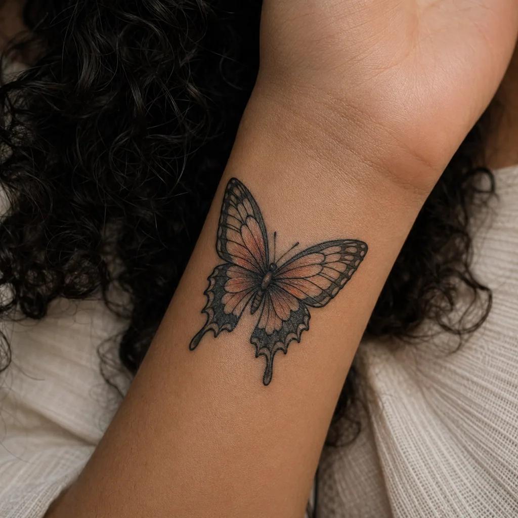idée tatouage poignet papillon néo-traditionnel, photo réaliste sur peau