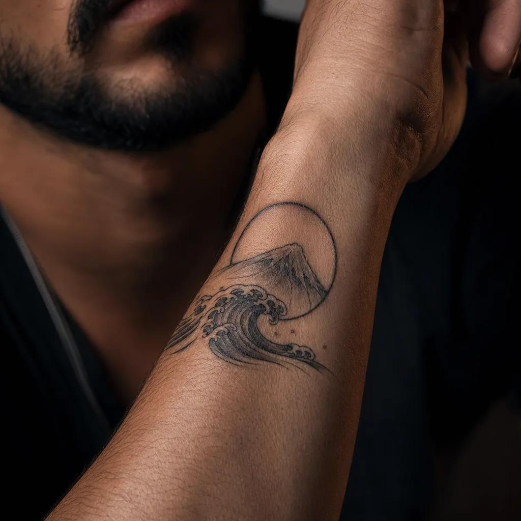 Tatouage vague et mont Fuji créé avec l'IA, essayé au poignet en rendu réaliste