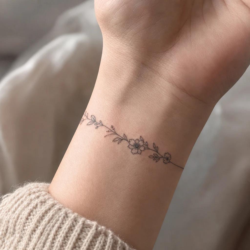 idée tatouage poignet femme bracelet floral fine line, photo réaliste sur peau