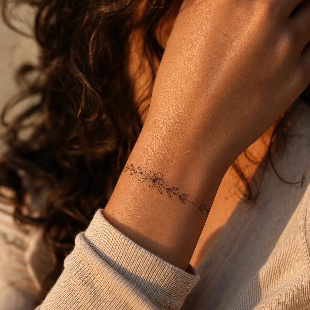 idée tatouage poignet femme bracelet floral fine line, photo réaliste sur peau